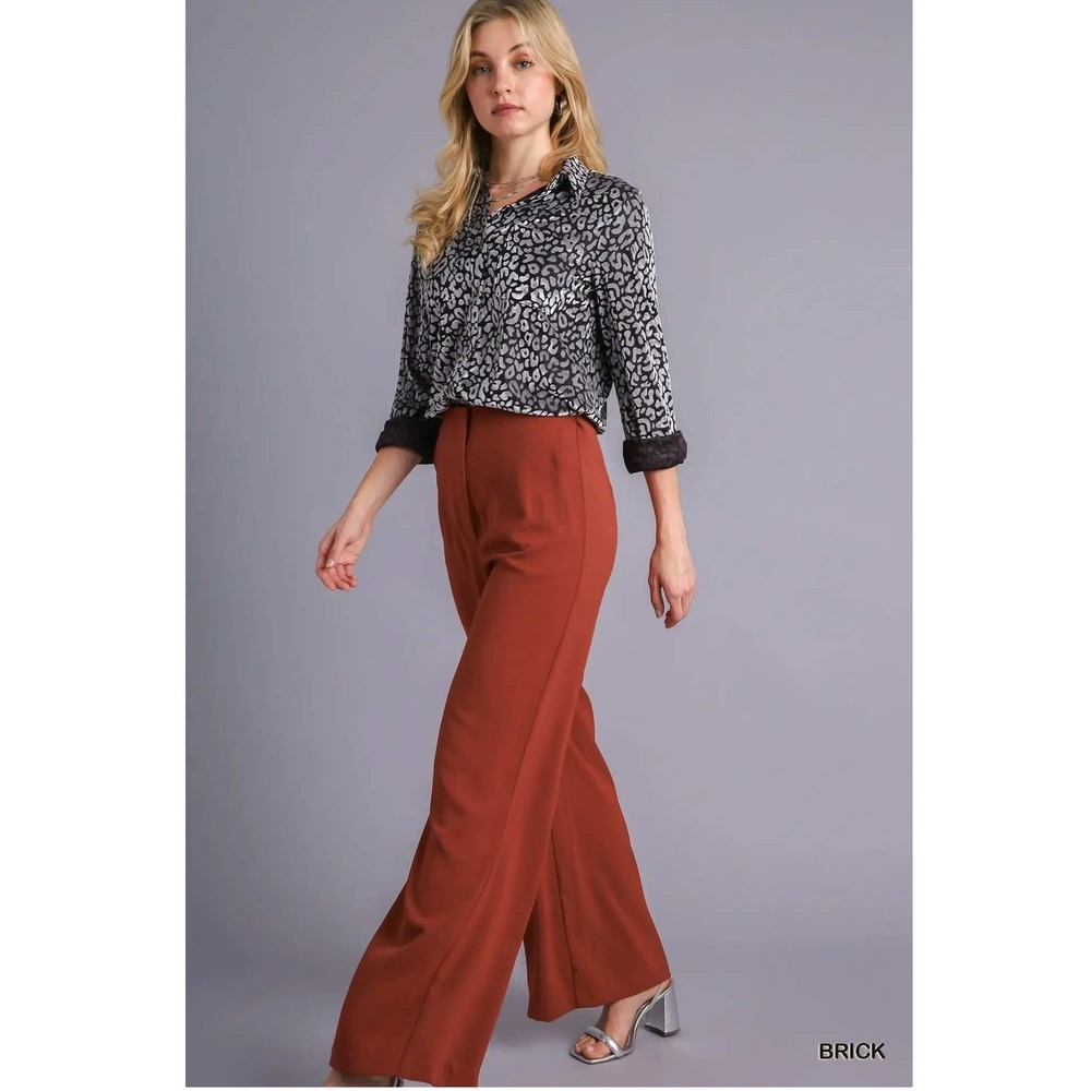 High Waisted Wide‎ Leg Trousers Brick Red Solid Dress Pants Professional Chic
